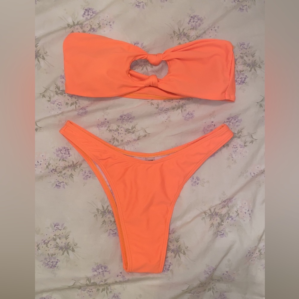 Neon orange twist bandeau shein bikini